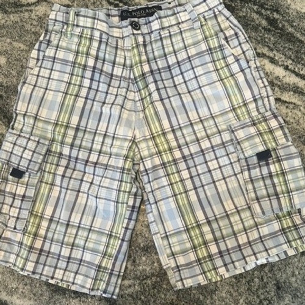 U.S. Polo Assn Cargo Shorts Boys 12 Blue Green Plaid Good Cotton Utility Pocket